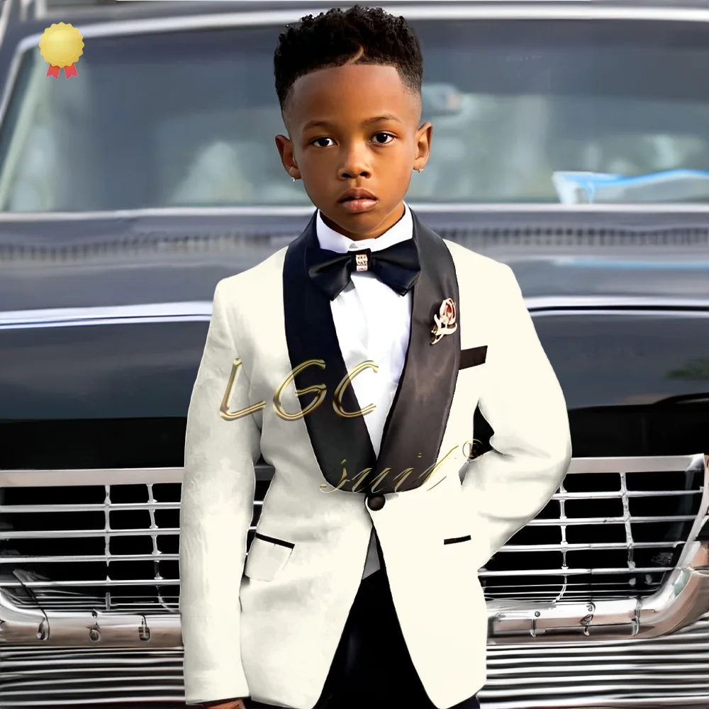 Boys single button black shawl collar printed suit dress 2 piece set, fashionable wedding party banquet children's tuxedo