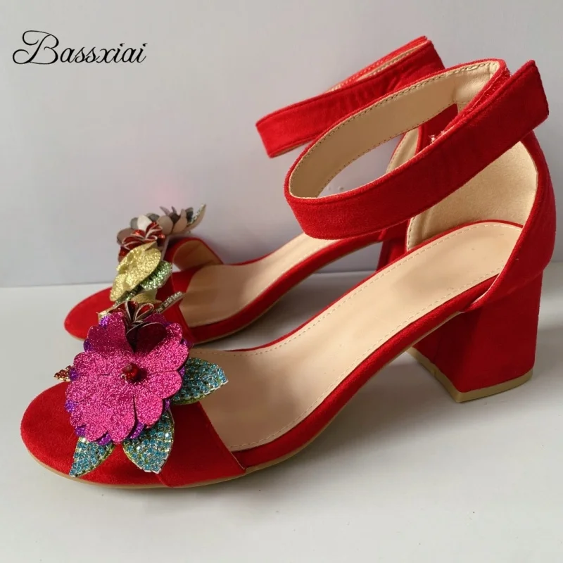 

Colorful Rhinestone Sequins Flower Women's Sandals Concise Style Medium Heel Open Toe Summer Shoes