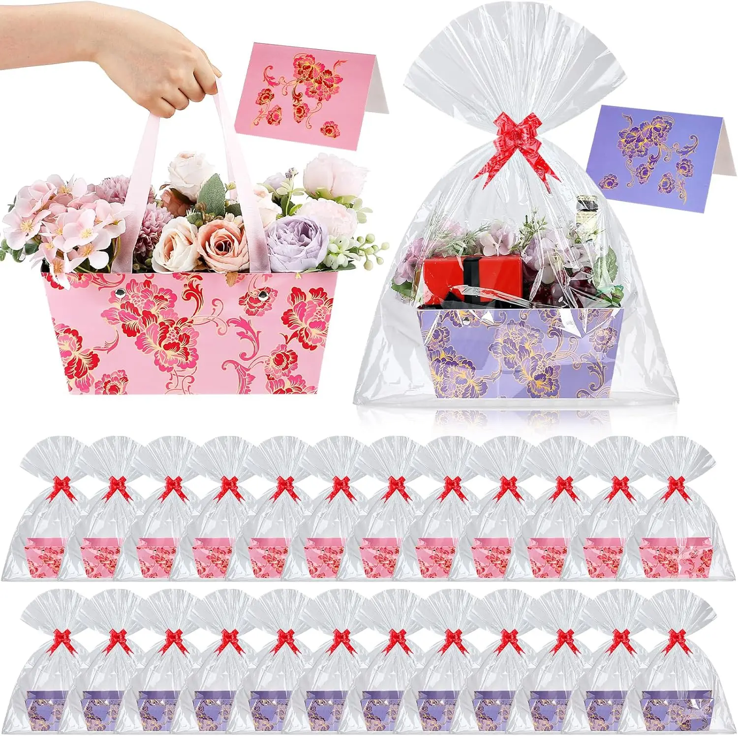 

24 Set Spring Floral Empty Gift Basket to Fill 9.8 x 6.5'' Valentine's Flower Bouquet Box with Handles Bows Plastic Bags