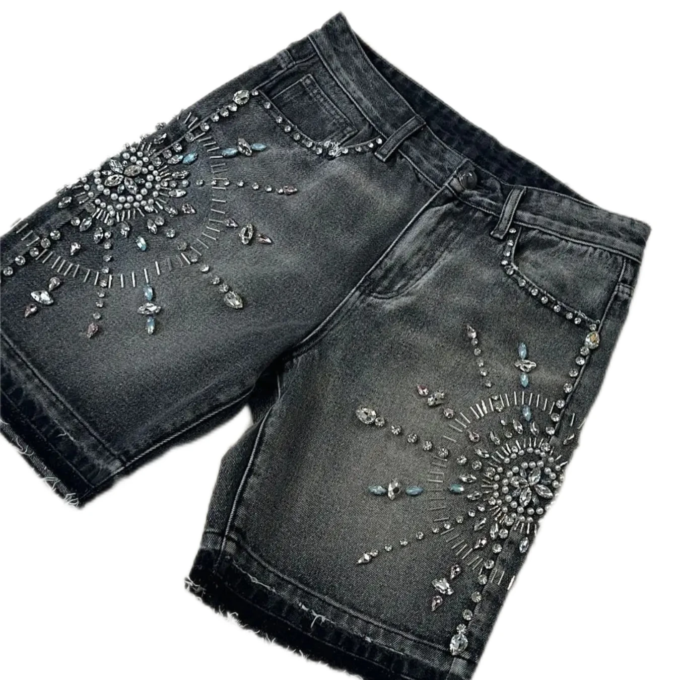 Shorts jeans preto com incrustações de diamante feminino, streetwear de pernas largas, moletom americano fino, Y2K, retrô, novo