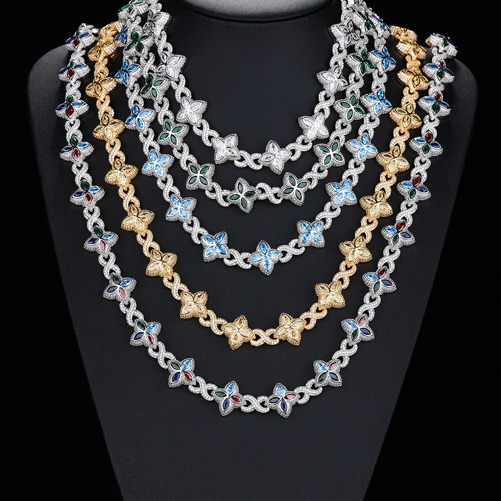 YLMyself 18mm Wide Pave CZ Cuban Link Necklace Bracelet Multi Color CZ Thick Chain Hip Hop Brass Jewelry Set Party