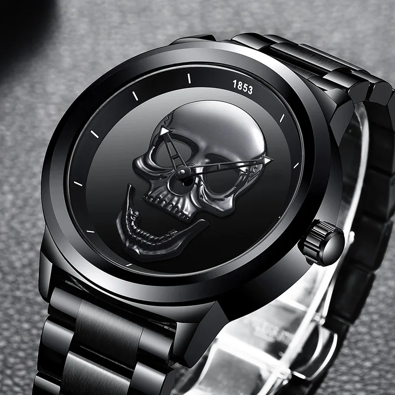 LIGE Men Skull Dial Quartz Watch Personality Gothic Style Waterproof Black Stainless Steel Band Fashion Male Wristwatch Party