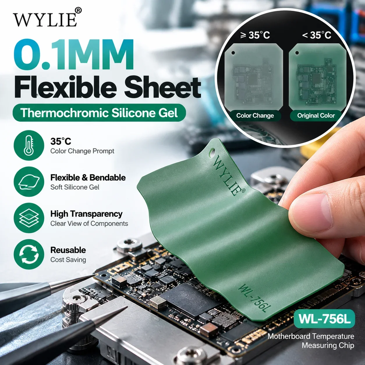 WYLIE WL-756L Motherboard Short Circuit Finder Pad 35C Thermochromic Color Change Test Sheet for Phone Mainboard Fault Detection