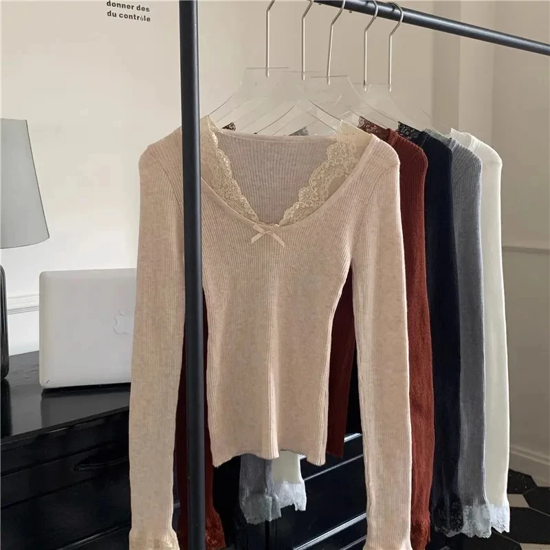 

Корейский джемпер в стиле пэчворк, кружевная туника с v-образным вырезом, пуловеры для женщин Sueter Mujer, мягкий милый вязаный тонкий свитер с длинными рукавами, женские вязаные топы