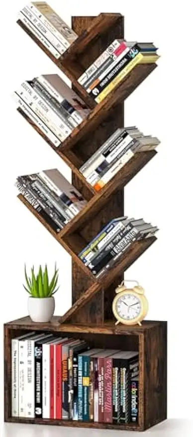 6 Tier Tree Bookshelf, Sturdy Retro Floor Standing Wood Bookcase, Storage Rack for Home Office, Living Room, Bedroom