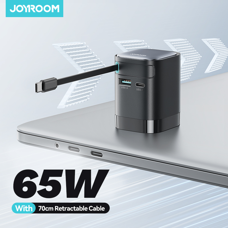 Joyroom 65W GaN Phone Charger with Retractable USB C Cable Desktop Charger EU Plug Fast Charging For iPhone 16 15 Tablet Laptop