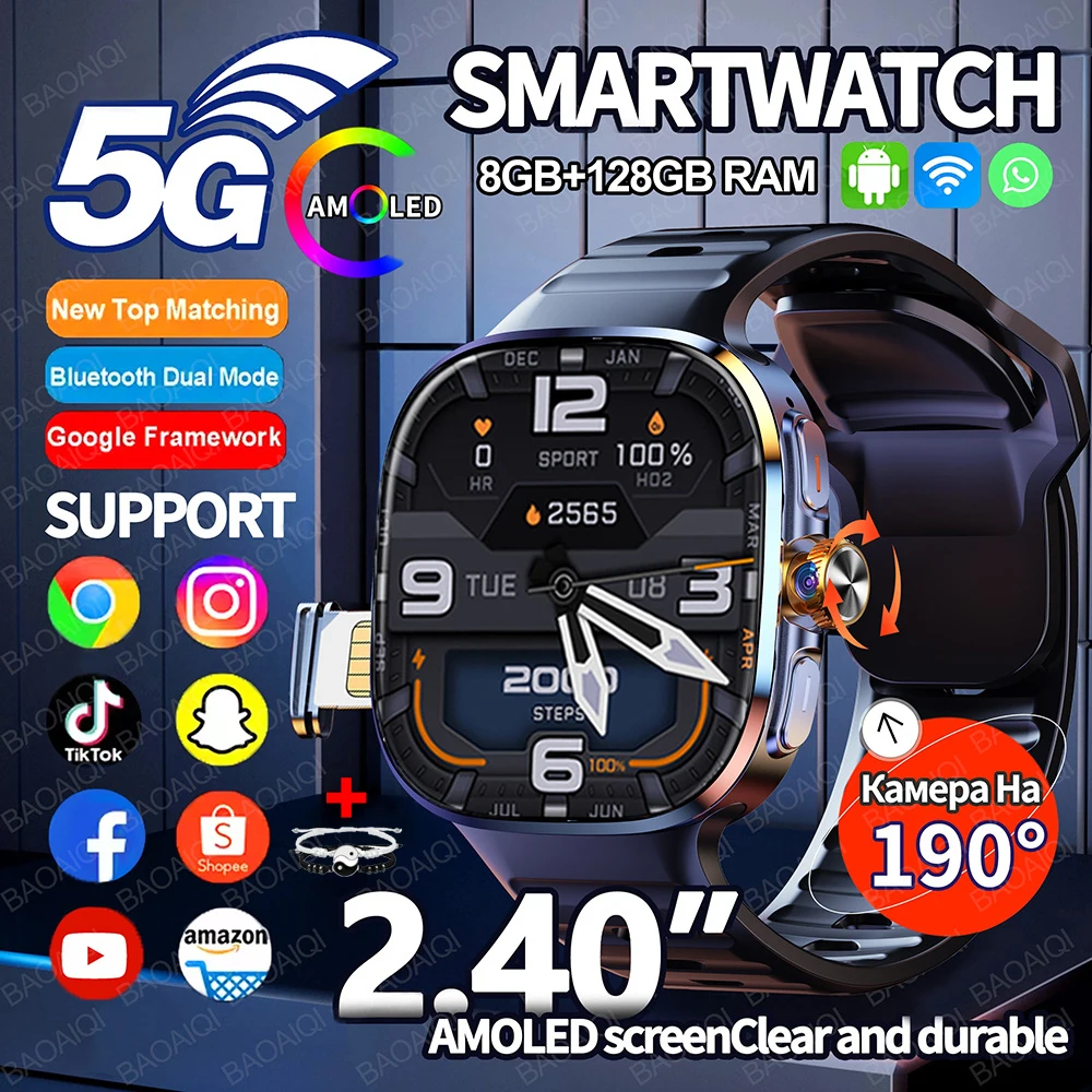 

Смарт-часы 5G/4G, 2,40 дюйма, 720*720 AMOLED HD, 900 Вт, камера звонка, 8 ГБ + 128 ГБ ОЗУ, GPS, WIFI, Google APPS, 2100 мАч, умные часы, Android 9,0