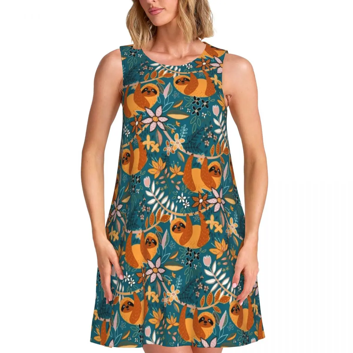 Happy Sloths Dress Boho Floral Print Cute Dresses Summer Street Style Oversized Tank Dress Cheap Women Print Clothes