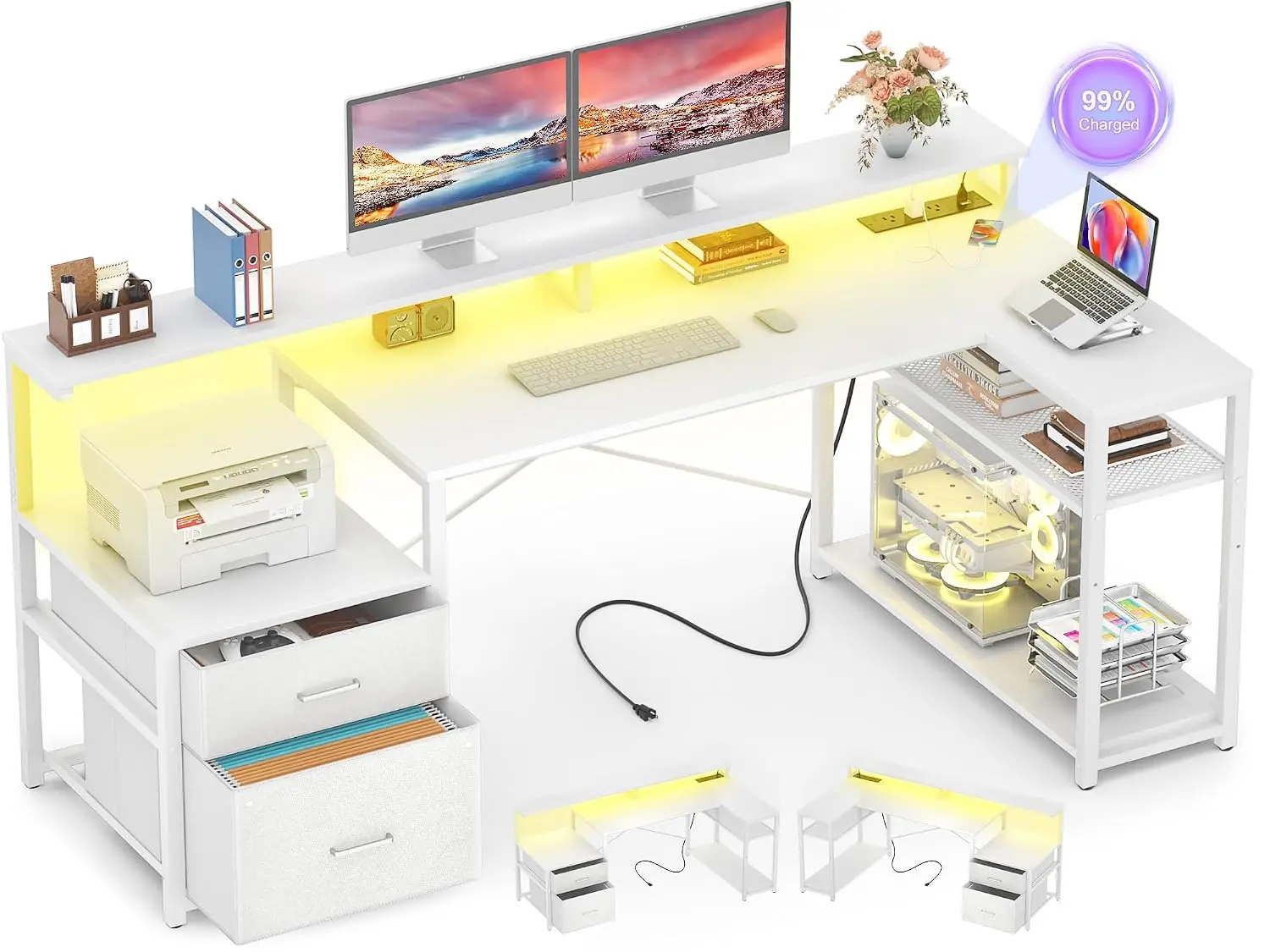Reversible L-Shaped Gaming Desk with File Drawer, LED Strip, Power Outlet, Monitor Shelf & Storage Shelves, White Computer Desk