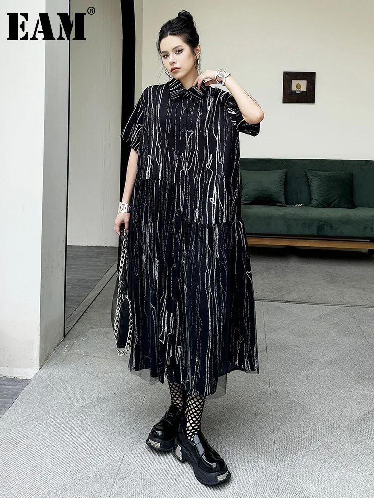 [EAM] vestido camisero Midi de talla grande de malla teñido anudado blanco y negro para mujer, solapa nueva, manga corta, moda Primavera Verano 2025 1DH5962