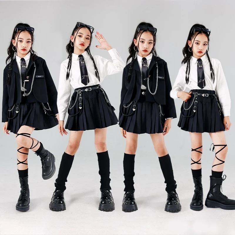 

Jazz Dance Clothes Girl Kpop Stage Outfit White Shirt Black Pleated Skirt Fashion Stage Show Wear Children Jazz Performance 1475