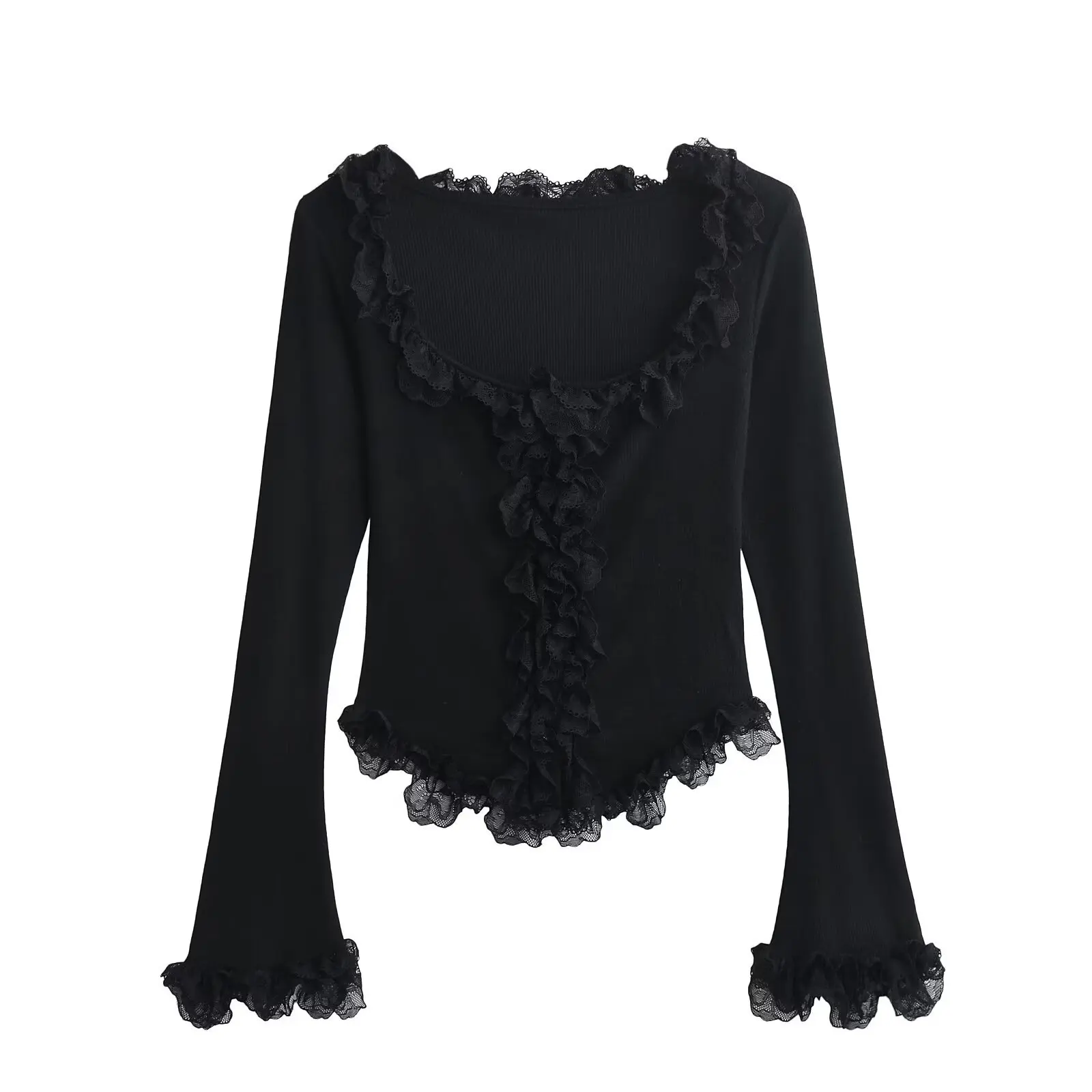 2025 New French Style Lace Peter Pan Collar U Neck Bell Sleeve Blouse