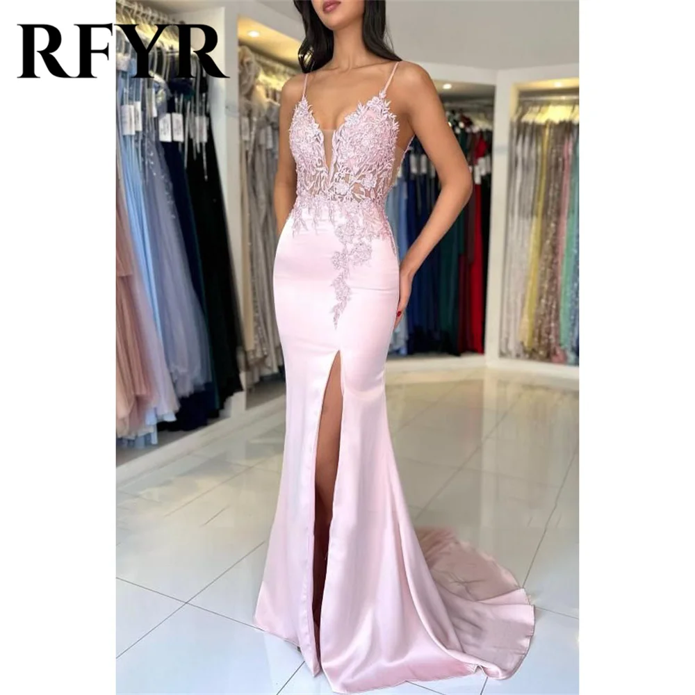 

RFYR Pink Mermaid Special Occasion Dress Appliques Lace Formal Gown Long Evening Dress with Split vestidos de fiesta Customized