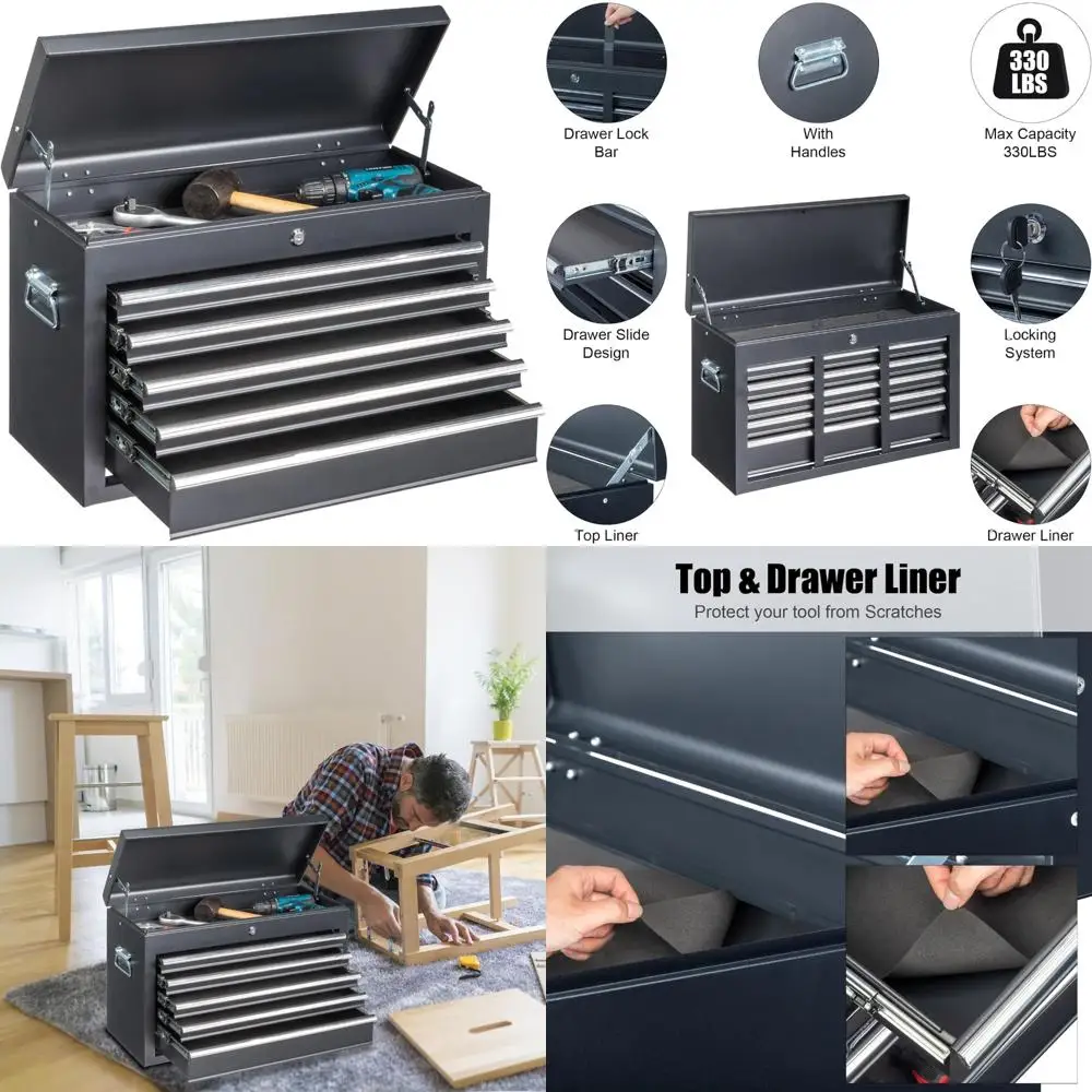 Portable 5-Drawer Metal Tool Chest Cabinet with Top Storage Tray for Garage, Lockable, Heavy-Duty Toolbox