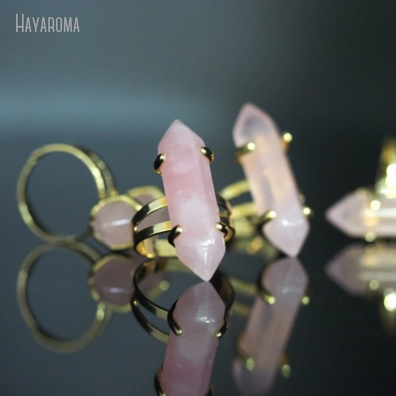 10Pcs Wholesale  Double Terminated Point Hexagon Gold Color Faceted Rose Quartzs Crystal Ring