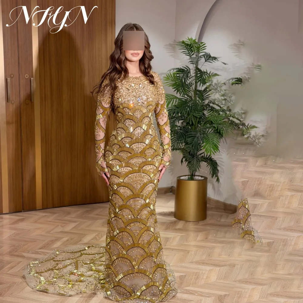 NFYN Luxury Gold High Neck Long Sleeve Mermaid Evening Gown Fan Beaded Sequin Mesh Bodice Train Prom Evening Party Customized