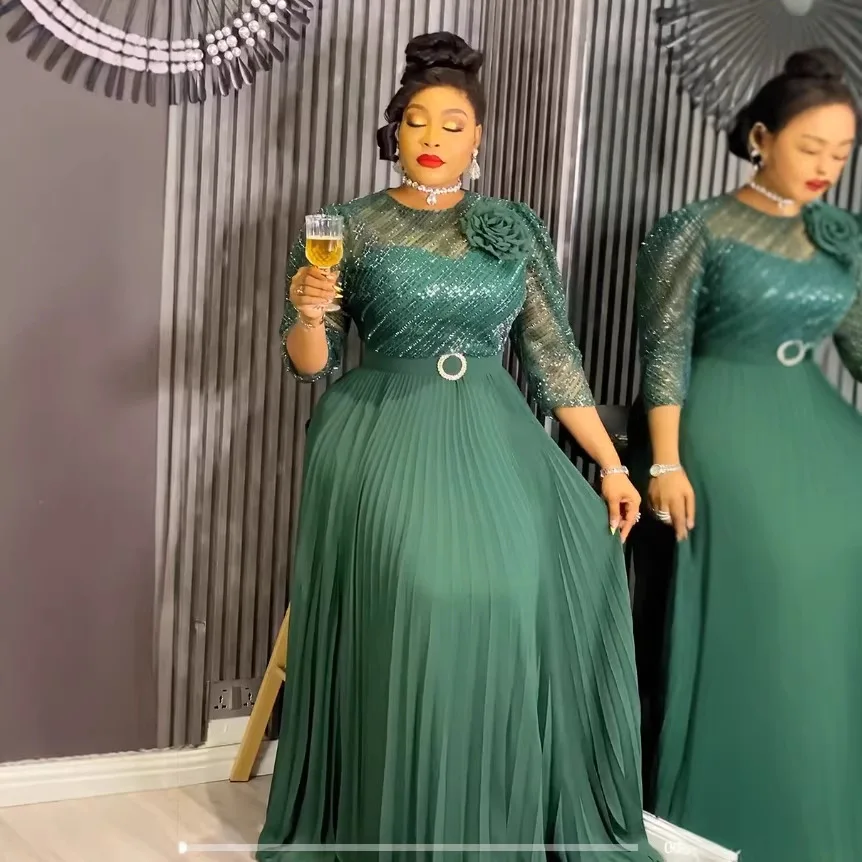 African Dresses for Woman Dark Green Sequin Patchwork Dress for Chubby Women Waist Slimming Three-dimensional Flower Pleated