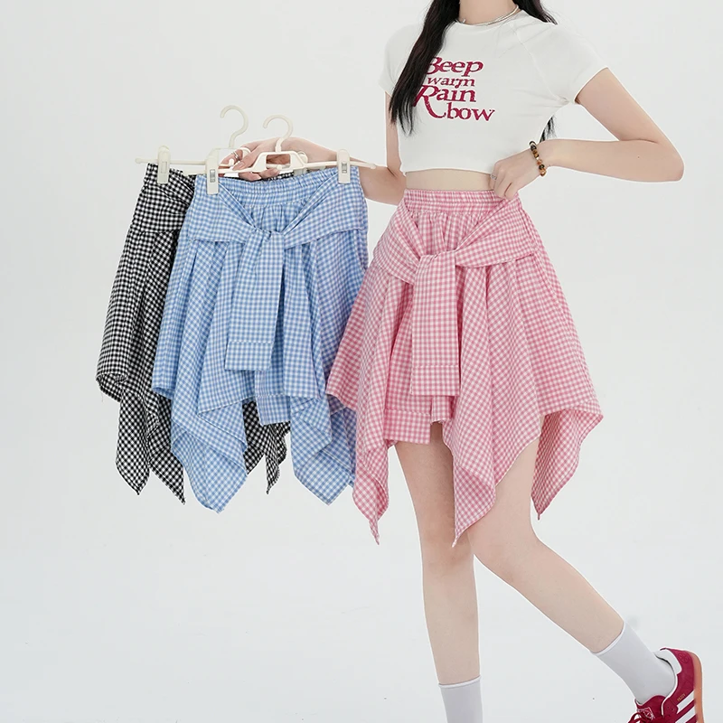 

Мини-юбки в клетку в студенческом стиле, лето 2021, корейская модная юбка, женская повседневная эстетичная рубашка Cuteore, женские бандажные юбки Saia