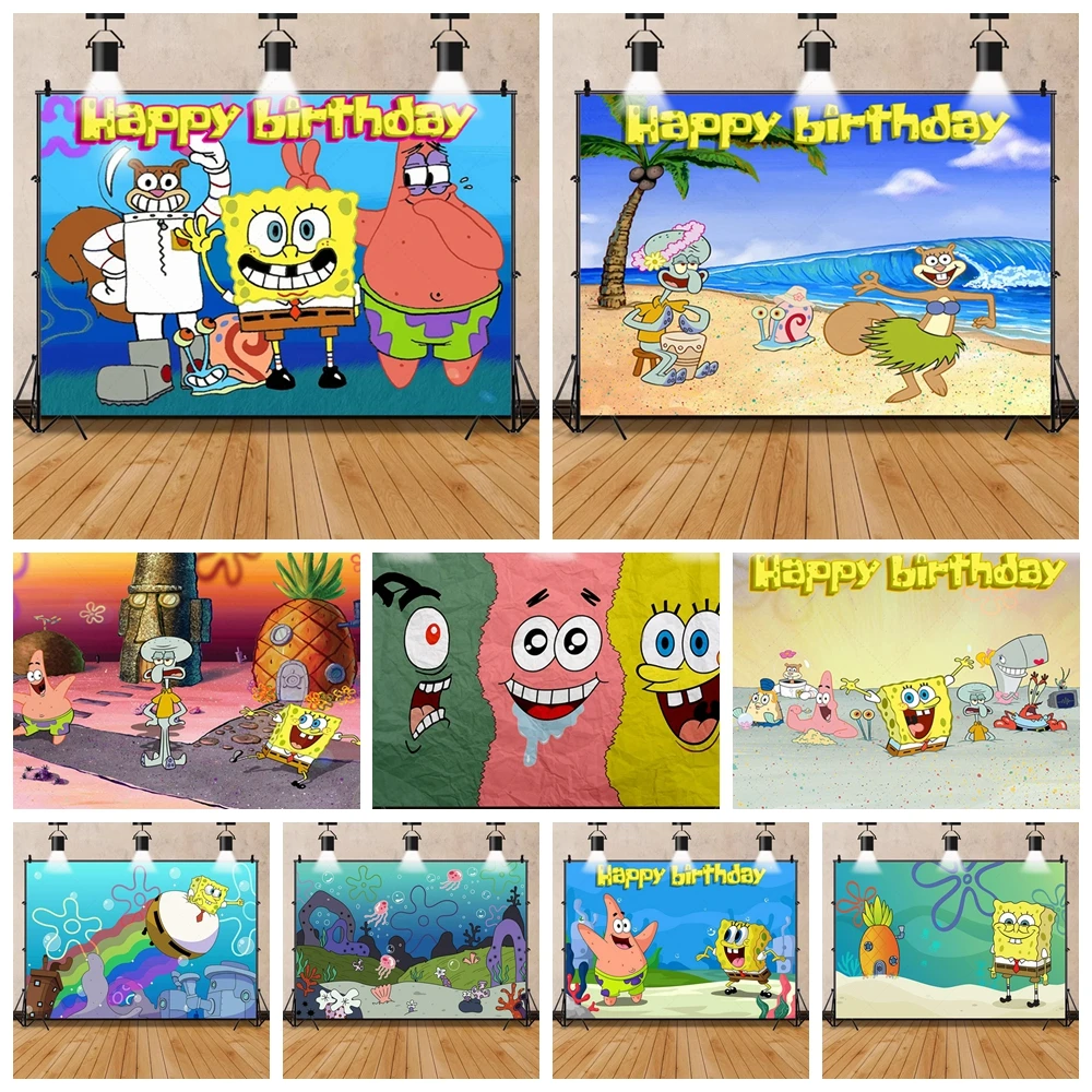 

SpongeBob Party Backdrop Happy Birthday Decor Banner Vinyl Background for Cake Table Kids Children Photo Booth Props Baby Shower