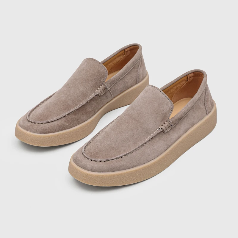 High Quality Men Suede Loafers Exquisite Stitching Thick Sole Anti Slip Height Increasing Flat Bottom Simple Casual Shoes
