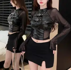 Women  Gothic Patchwork Faux Leather + Mesh T-Shirt Y2k Full Sleeve Performing Dance Tee Top