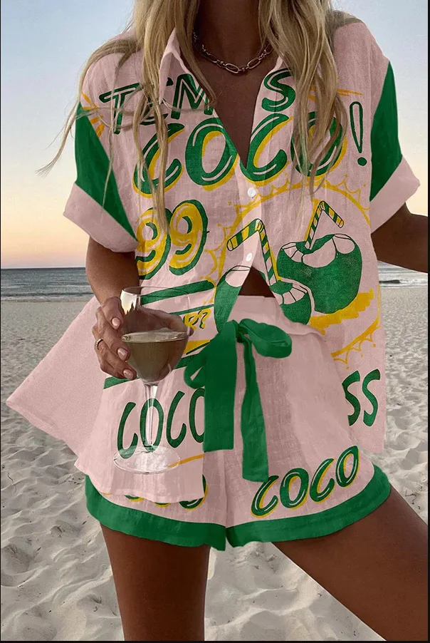 

Boho Short-sleeved Shirt Top + Shorts 2-piece Set Women Fashion Spring Summer Floral Print Seaside Vacation Suit Female Outfit