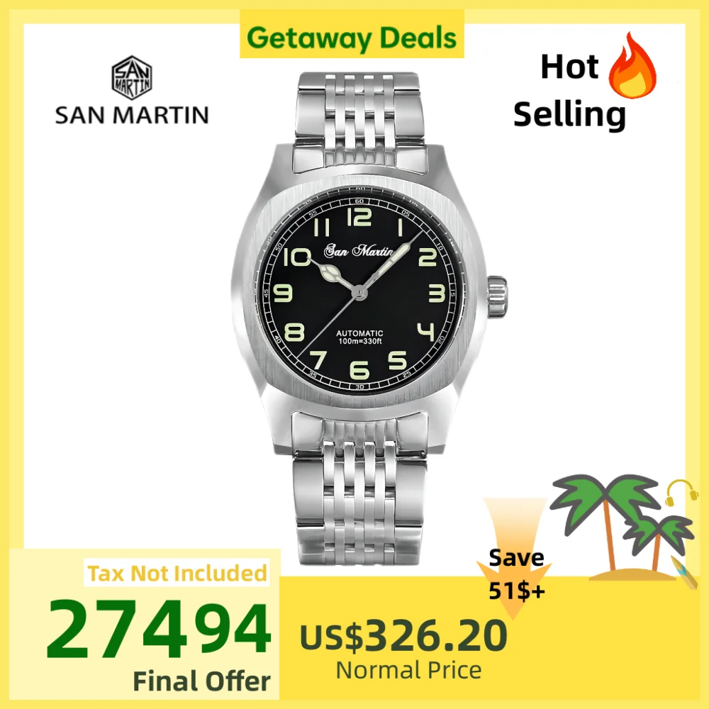 

San Martin 38mm Original Black Military Mechanical Automatic Watch Men Watches Sapphire Lume Relogio Automático 10Bar SN0026AH