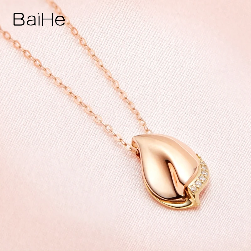 BAIHE Solid 14K Rose Gold 0.02ct H/SI Natural Diamond Leisure Gentle Leaf Pendant Necklace For Women Fine Jewelry Making Collar