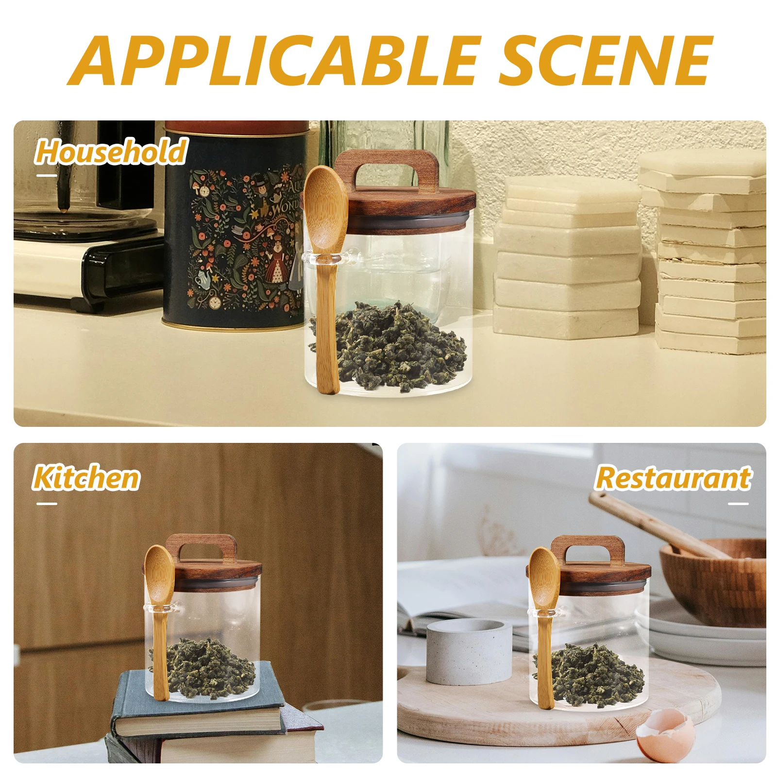 

Glass Condiment Storage Jar 10x10x10cm 700ml Sealed Container Wooden Spoon Kitchen Camping Salt Sugar Pepper Holder Spice