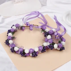 Boho Wedding Hairband Garland Wreath For Women Fashion Girls Floral Headband With Ribbon Fairy Bride Doublr Layer Hair Jewelry
