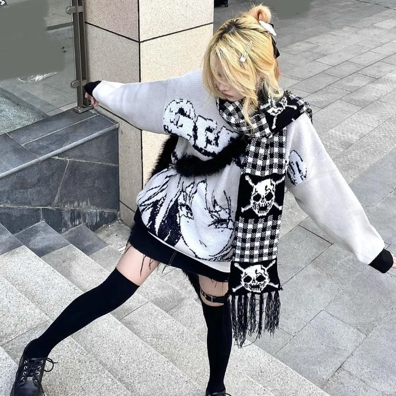 Subcultural Harajuku Japan Long Winter Commuter Scarf Y2k Moda Fashion Plaid Skull Print All Macth Women Punk Scarfs