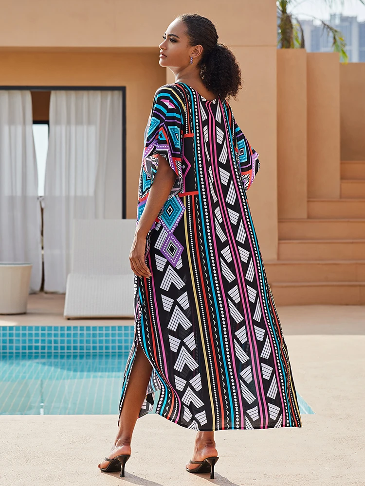 Sunforyou Plus size Kaftan Dress for Women Clolorful Print Beach Cover up Summer Lightweight Bohemian Dress Robe Loungewear