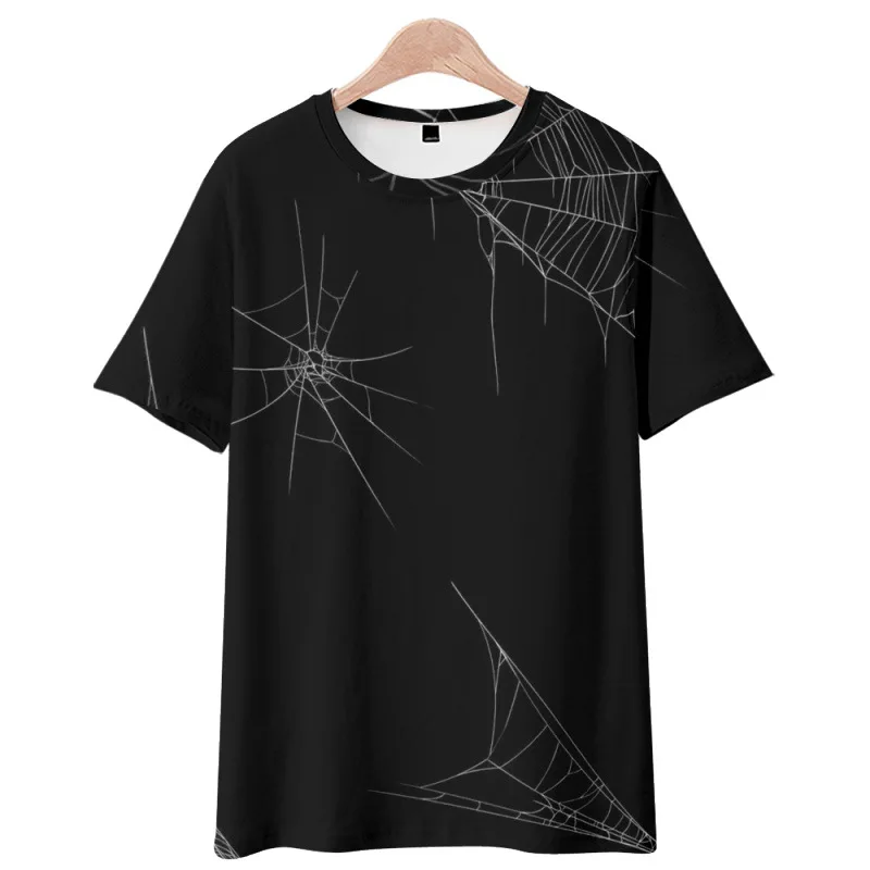 Summer Fashion Casual Streetwear Cobweb Printed Black Short Sleeve Beach T-Shirt Men Women Hip Hop Top Tees