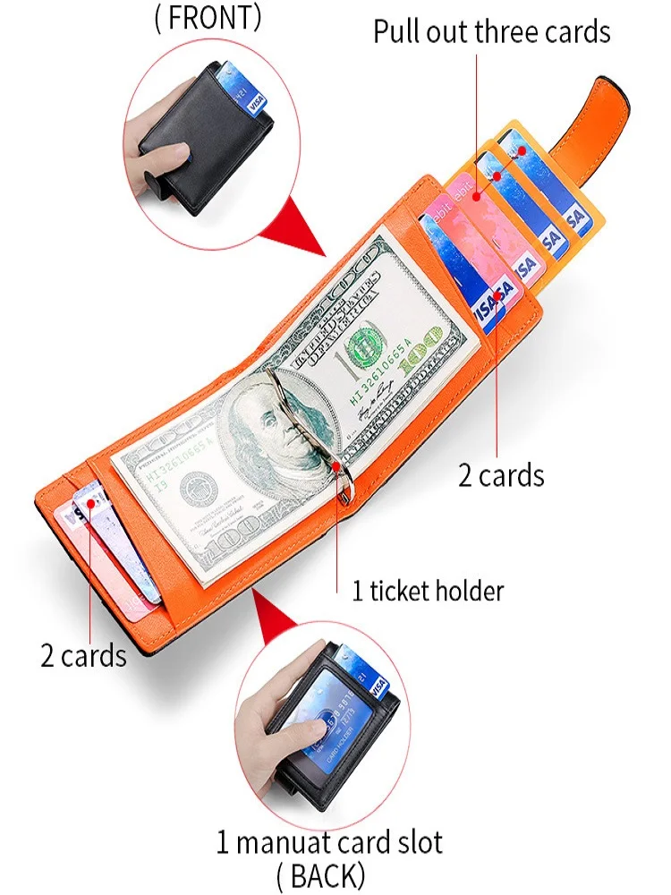 Genuine Leather Wallets for Men Slim Minimalist Short RFID Blocking Wallet Pull-out Credit Card Holder Purse Man Money Clip