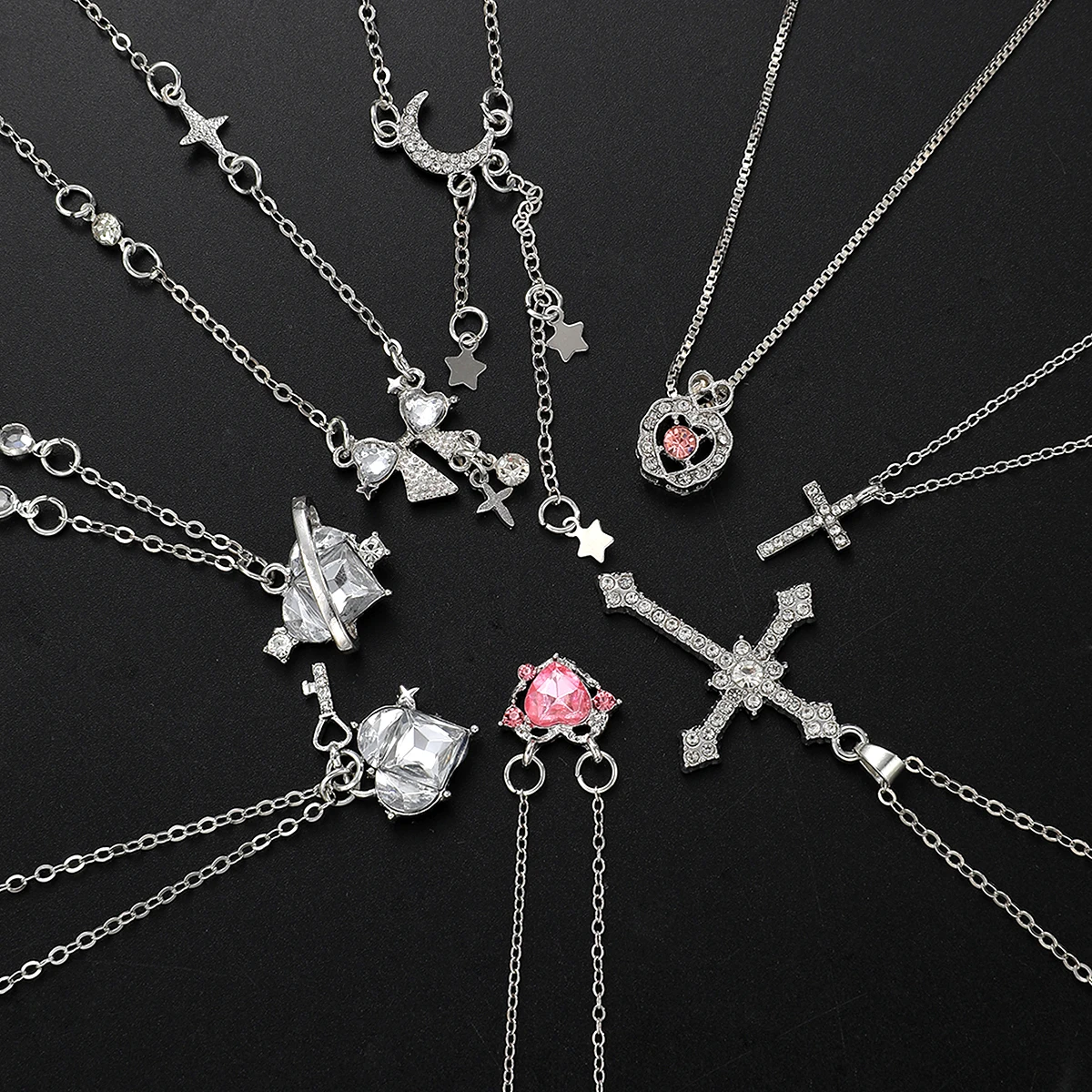 8pcs Y2K Crystal Heart Bow Cross Pendant Necklace Set For Women Fashion Kpop Shiny Clavicle Chain Necklaces Sweet Girls Jewelry image 4