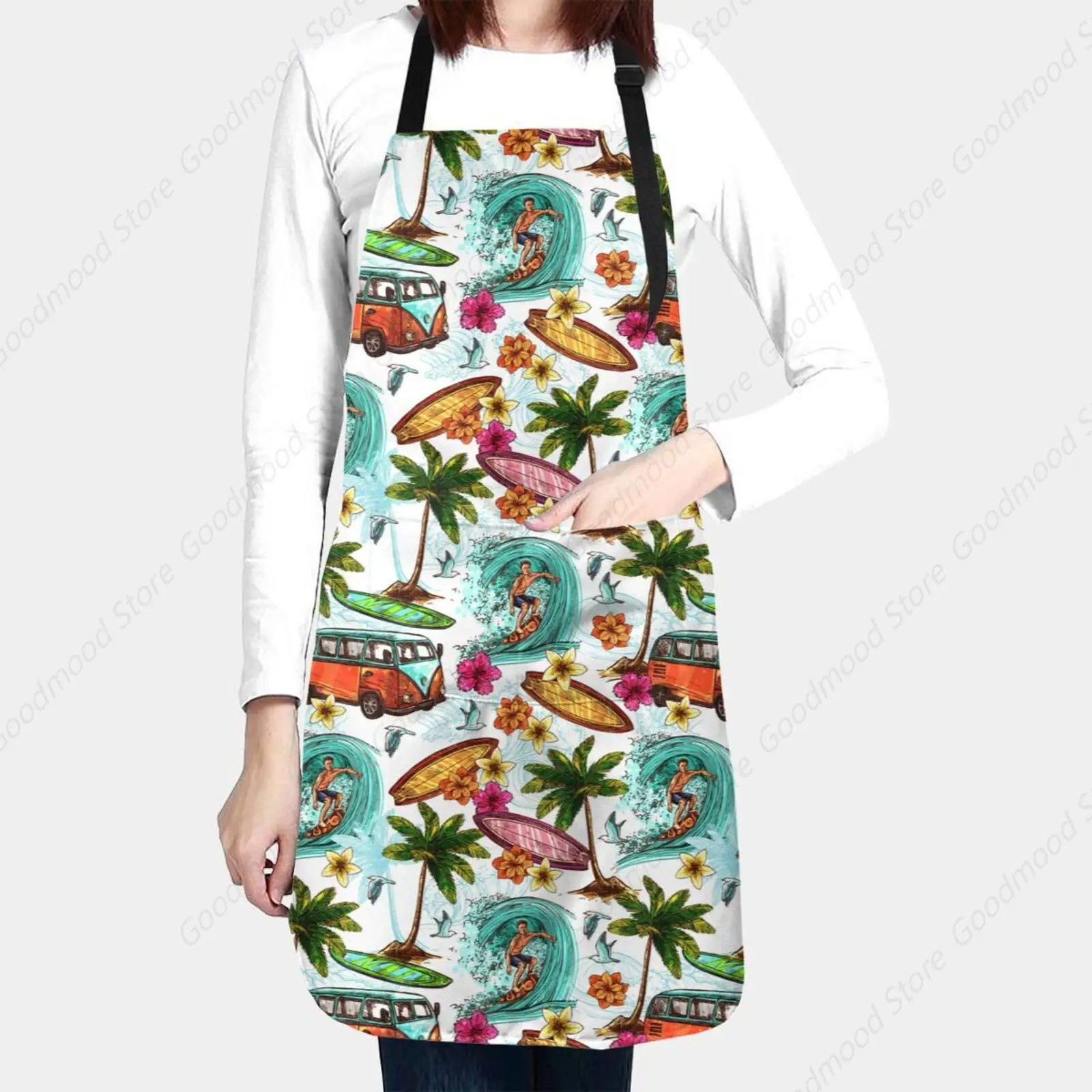 Hawaiian Surfer Bib Apron for Women with 2 Pockets Retro Palm Trees Flowers Adjustable Funny Waterdrop Resistant Chef Cooking