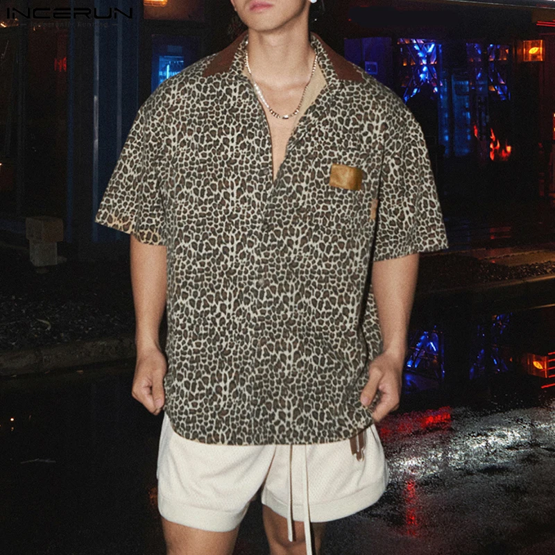 INCERUN Camicia da uomo Stampa leopardata Patchwork Risvolto Manica corta Oversize Abbigliamento uomo Streetwear Vacanza estiva Moda Top 2025