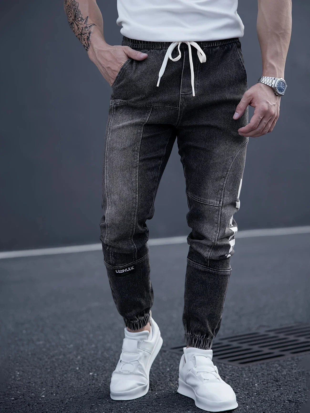 2026 Spring Autumn New Style Elastic Waist Casual Jeans for Men Stretch Straight Drawstring Harem Jogging Sports Long Pants Male