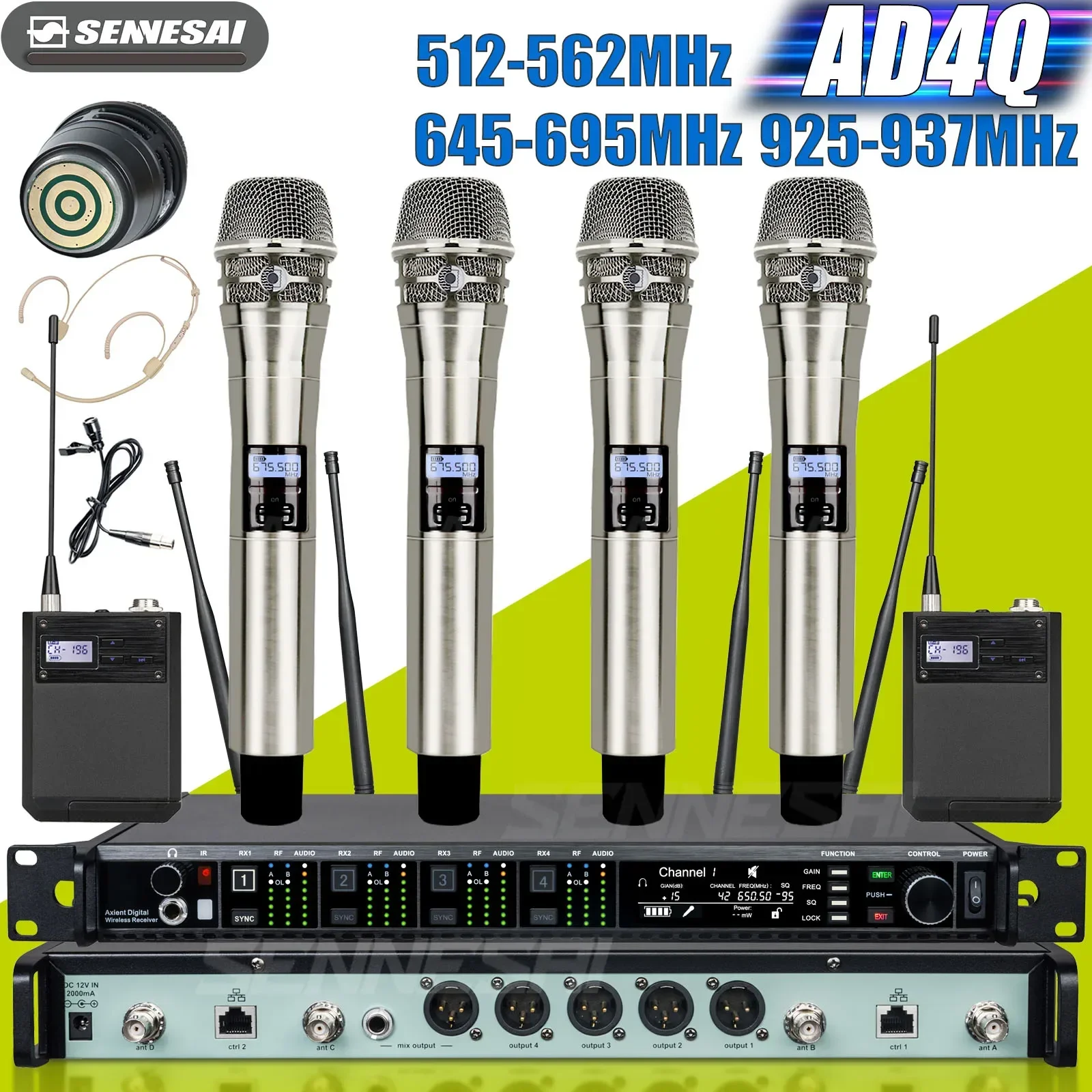 

SENNESAI AD4Q KSM8 Professional Wireless Microphone Radio System 4-Channel Microfone Headset Mic Lavalier Microfono For Stage