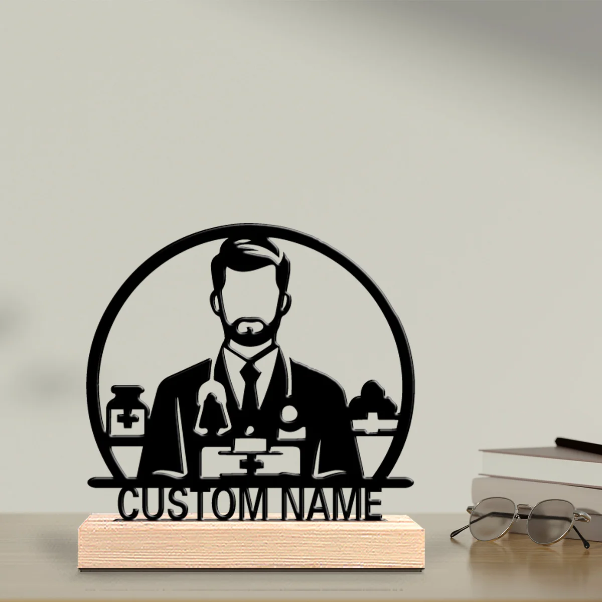 1 pieza de estatuas metálicas personalizadas de doctor de Thriller con base de madera, decoración para bar, cocina, comedor, temas rústicos modernos