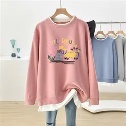 DAYIFUN-Plus Size Hoodies for Women Fake Two-Piece Design Printed Pullover Sweatshirts Fashion O Neck Top Spring Autumn New 2024