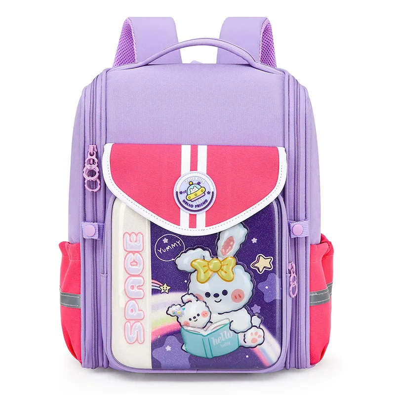 Cute 3D Cartoon Rabbit School Bags para meninas, Princesa Purple Nylon Mochilas para alunos da primária, Schoolbag impermeável para crianças