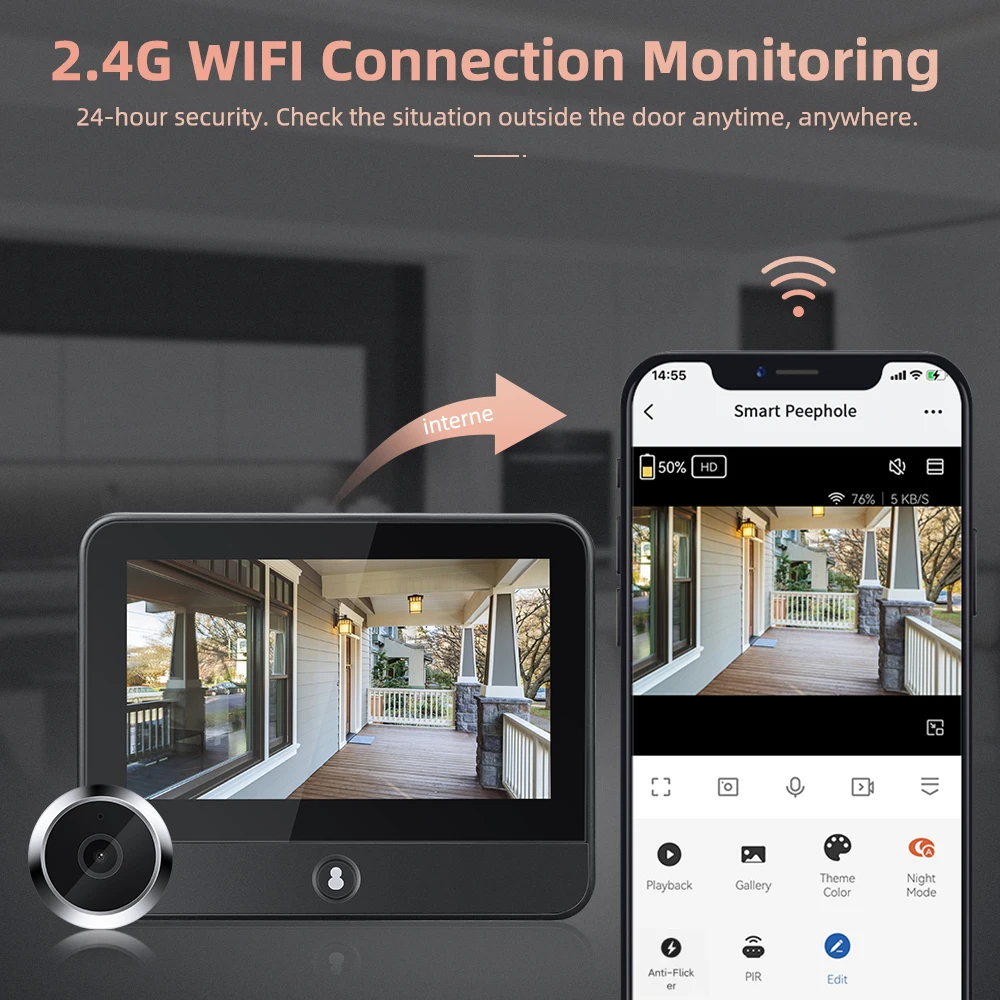 Zexmte Tuya kamera bel pintu 4.3 inci, bel pintu rumah pintar interkom Video WiFi dengan penglihatan malam PIR deteksi gerakan lubang intip