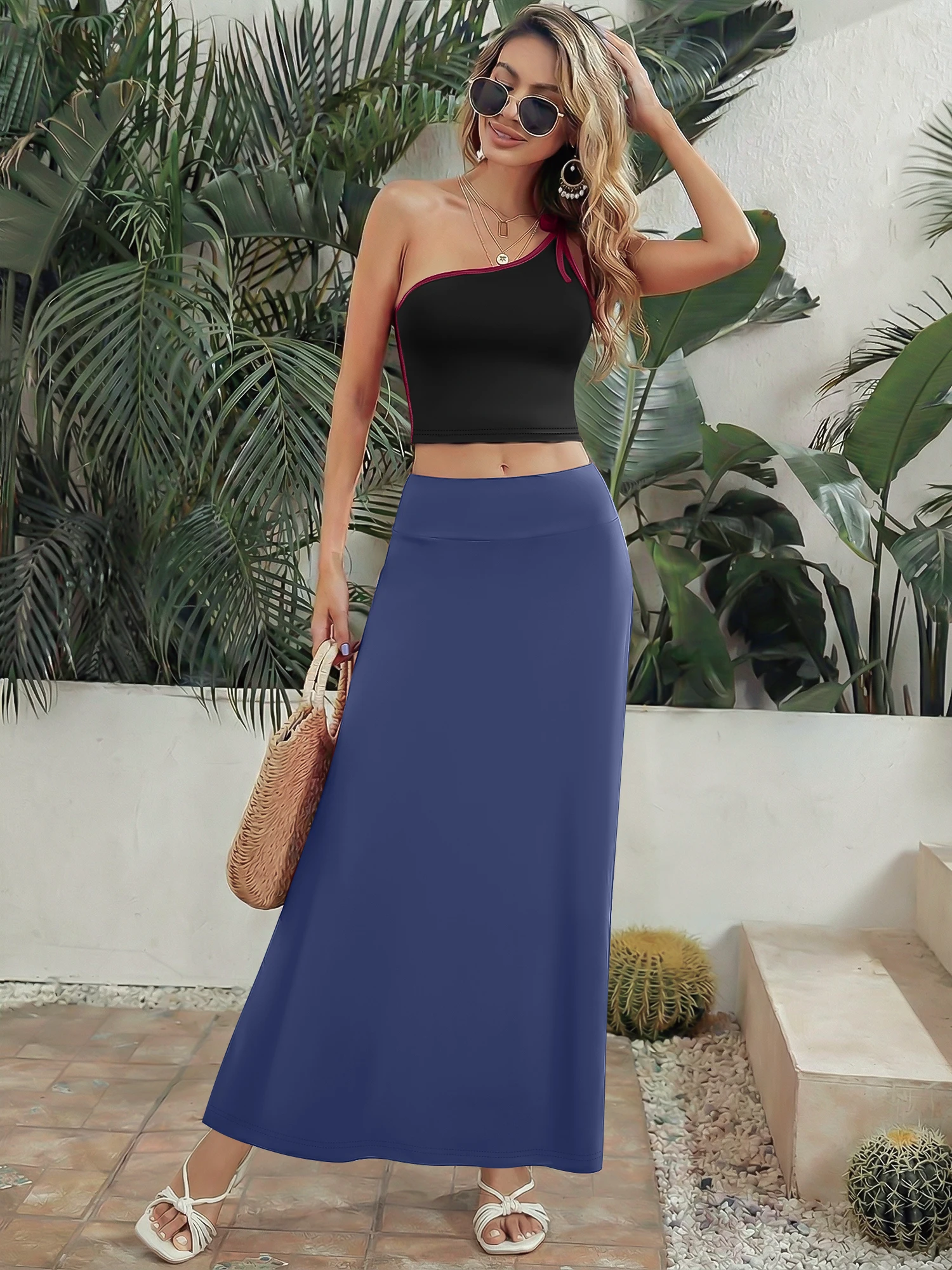 

Women Fashion One Shoulder Asymmetric Hem Tops & Long Skirt Set Casual High Waist Streetwear Party Matching 2 Piece Outfit