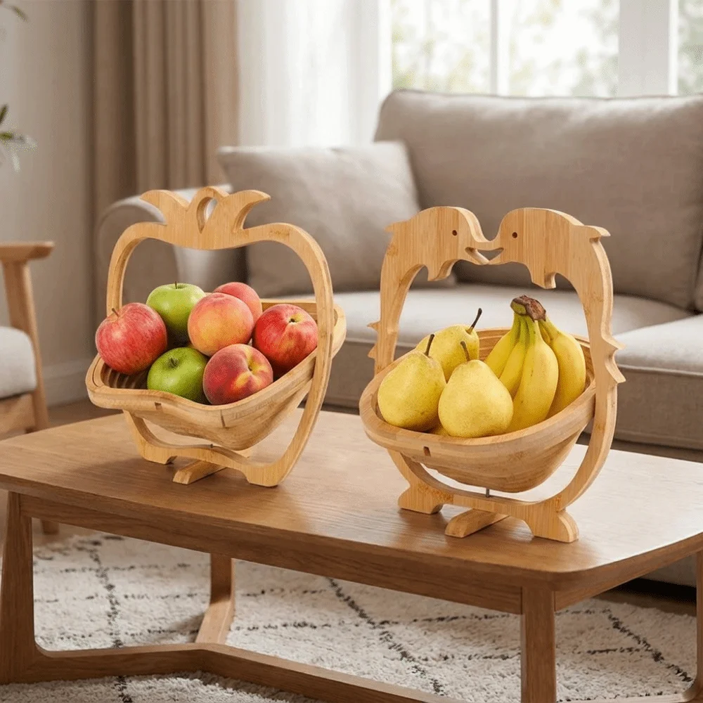Multi-functional Folding Fruit Shaped Basket Eco-friendly Dolphin Shape Bamboo Snacks Bowl Stable Base Heat Resistant Mat