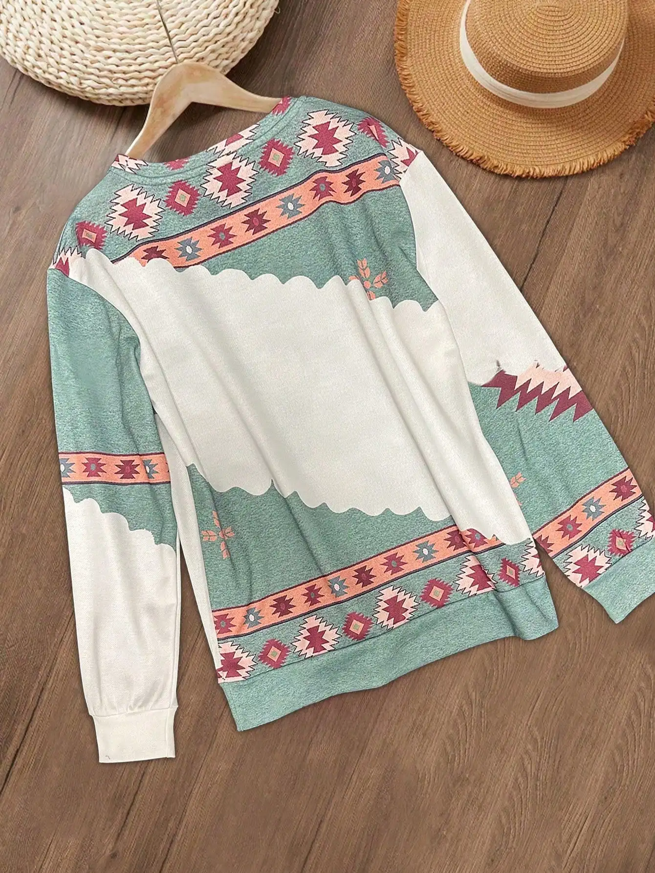 سويت شيرت نسائي مطبوع على الطراز العرقي الغربي مقاس كبير، سويت شيرت كاجوال مطبوع بتصميم عتيق، قميص نسائي