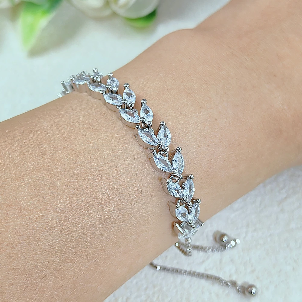 Wunderschönes, glänzendes, verstellbares Blatt-Tennisarmband mit Zirkonia-Besatz für Damen und Herren, zarte Kristall-Handkette, Schmuck H035 – Detail 3