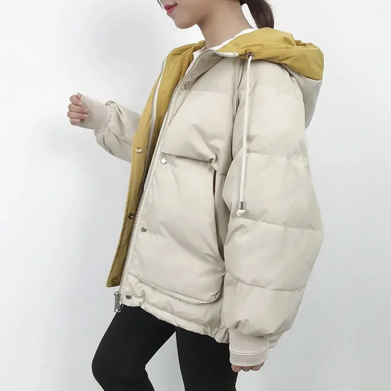 Jaquetas acolchoadas femininas, casacos espessados com capuz, Parkas femininas, roupa sólida, curto, solto, novo, outono, inverno, 2021