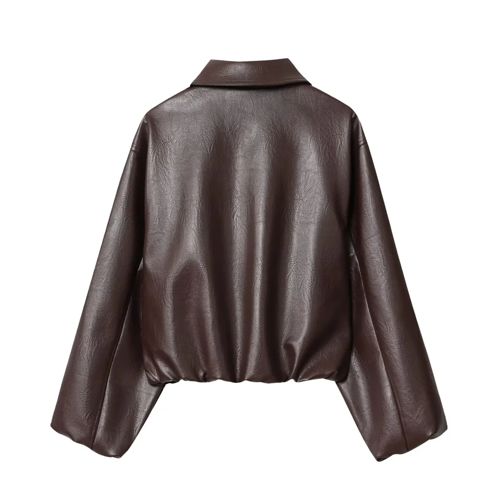 Veste de pilote en faux cuir pour femmes, manches longues, revers, poche, fermeture éclair, décoration, nouvelle collection