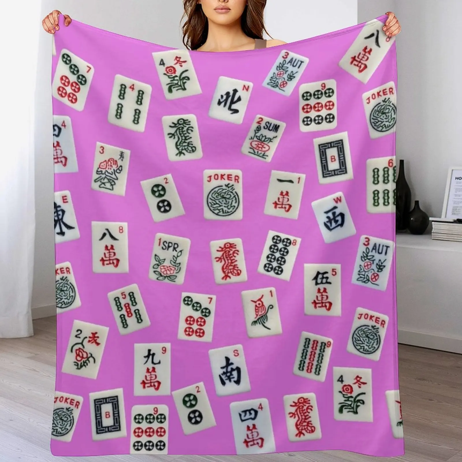 Mahjongg game tiles design on pink color Throw Blanket